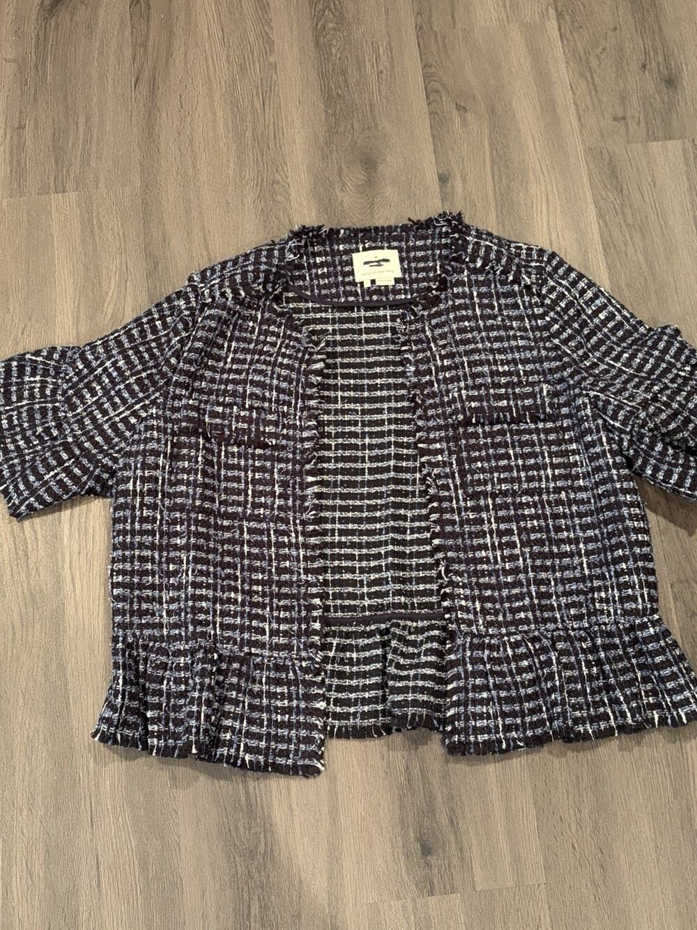 Kate Spade New York Blue Plaid Fringe Jacket Size Large